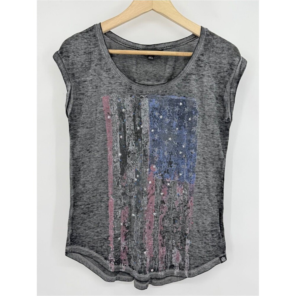 Rock & Republic Womens Burnout T-Shirt Embellished Stars Distressed Flag Gray XS